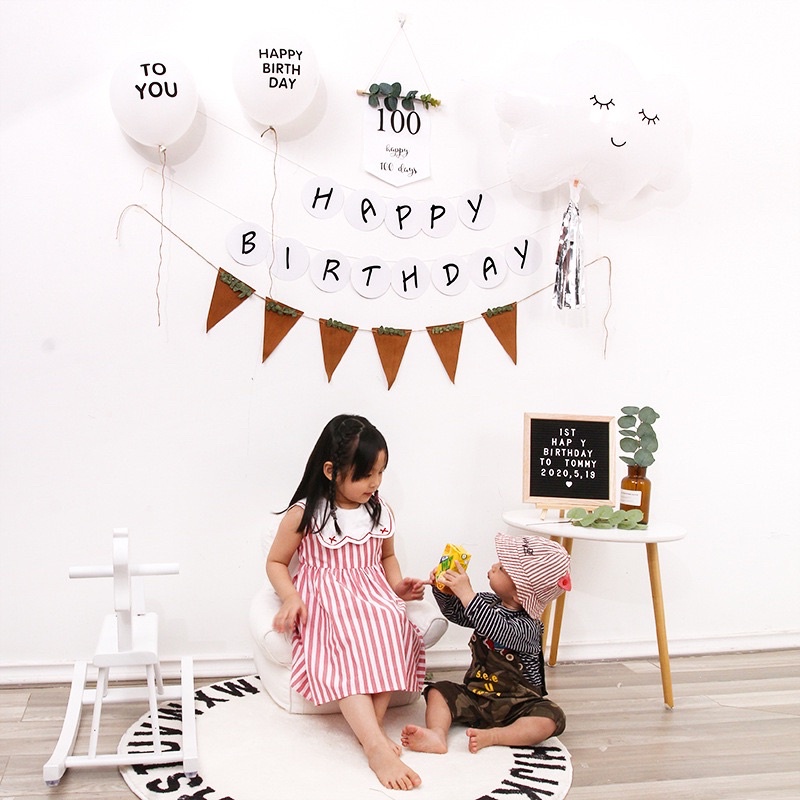 Dây Cờ Happy Birthday Tròn Trắng Đen Trang Trí Sinh Nhật Phong Cách Hàn Quốc - Yori Party