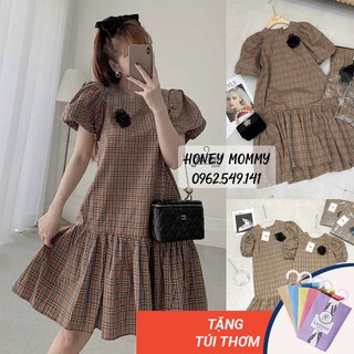 Váy Bầu Kẻ Caro Đính Hoa Ngực Mùa Hè Ngắn Tay Công Sở HD2837 Honey Mommy Đầm Bầu Suông Đuôi Cá