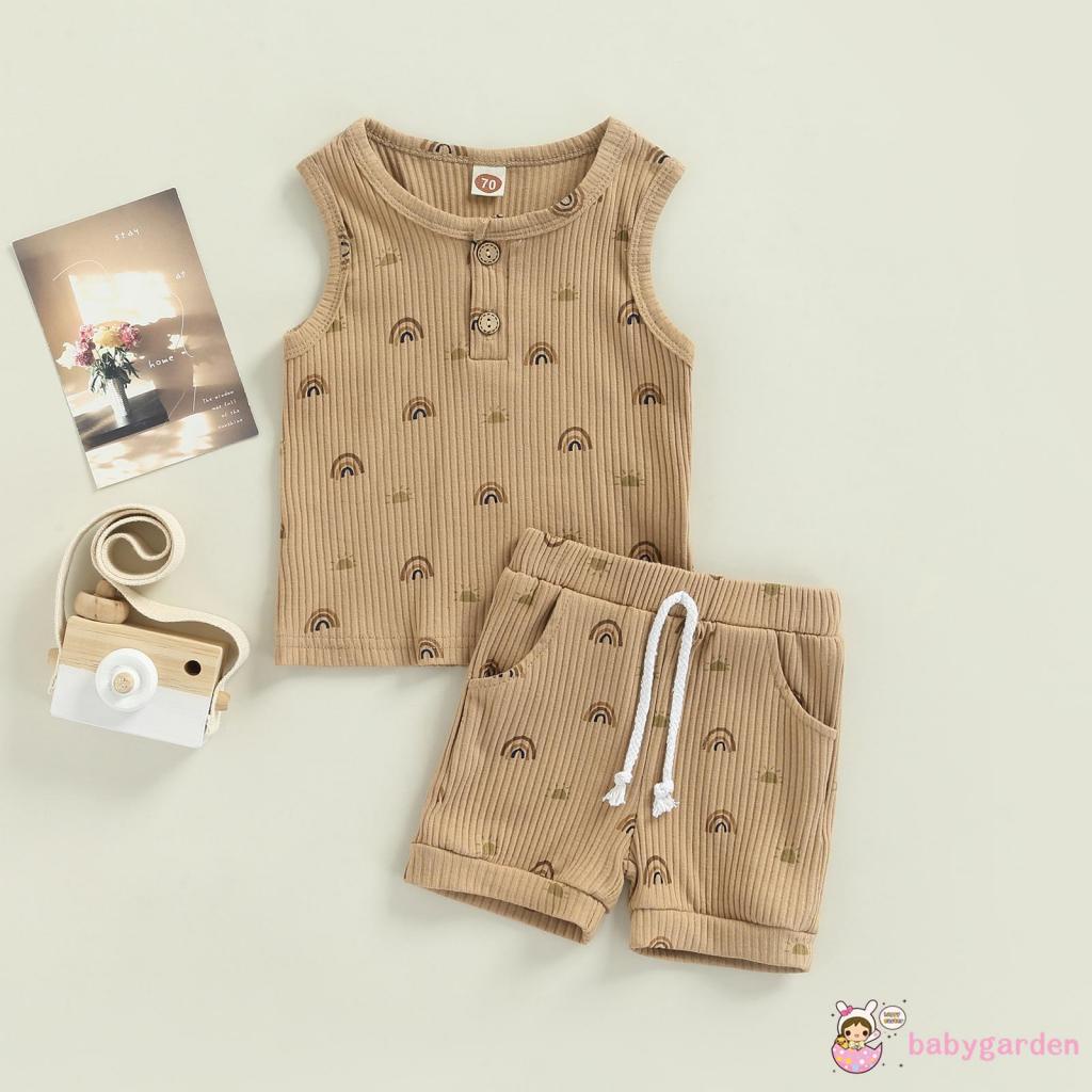 Bộ Áo Sát Nách Cổ Tròn In Hình Mặt Trời + Quần Short Thời Trang Mùa Hè Cho Bé Trai 0-24 Tháng Tuổi