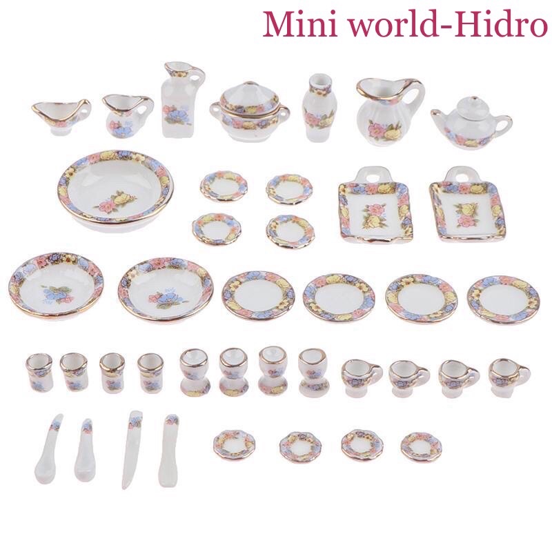 Set mô hình chén dĩa ly tách sứ mini tí hon dùng cho trang trí nhà búp bê Barbie, BJD tỉ lệ 1/12, 1/8. dollhouse