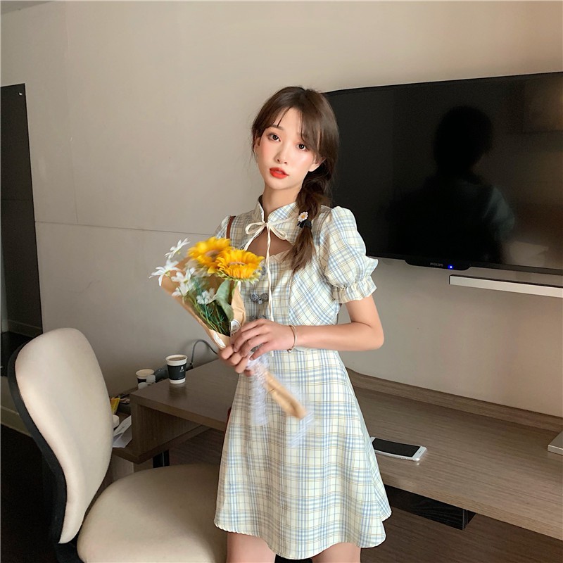 [VD083] Đầm caro sườn xám cách điệu (có ảnh thật)