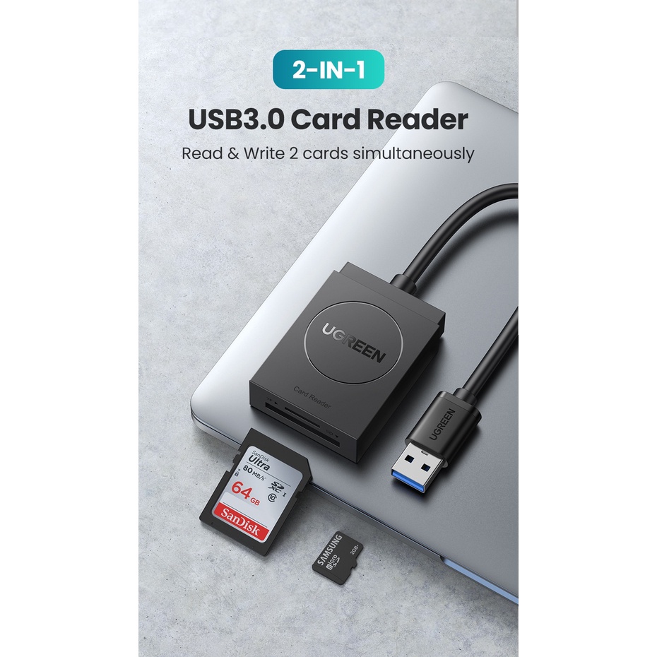 Đầu đọc thẻ nhớ Micro SD/ SD chuẩn USB 3.0 Ugreen 20250 -  Hàng Chính Hãng