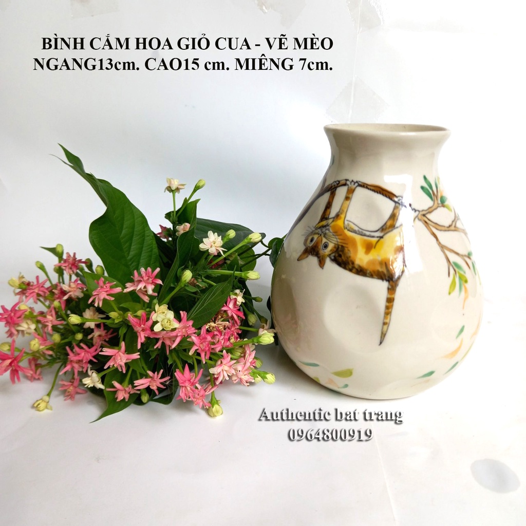 &quot;SIÊU XINH&quot; BÌNH CĂM HOA GIỎ CUA MIỆNG LOE D13H15cm- RẤT DỄ CẮM VÀ TRANG TRÍ vẽ tay 100%. Gốm sứ Authentic bat trang