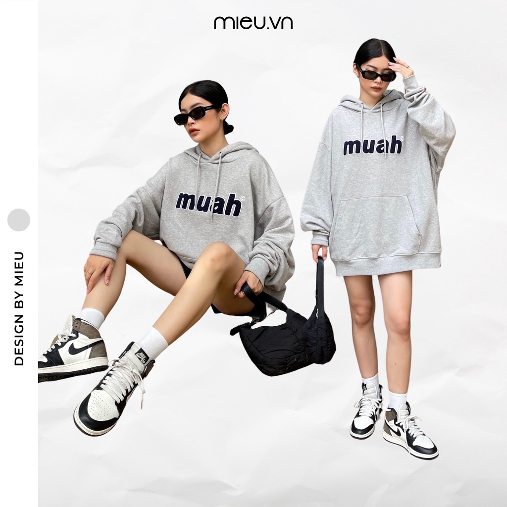 Áo hoodie chui đầu có nón chữ nổi Muah MIEU - HN12