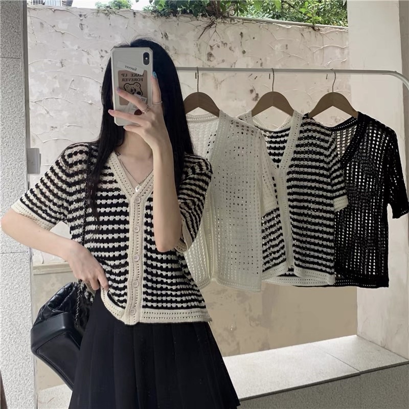 Áo len cadigan cộc tay viền cổ 4 màu