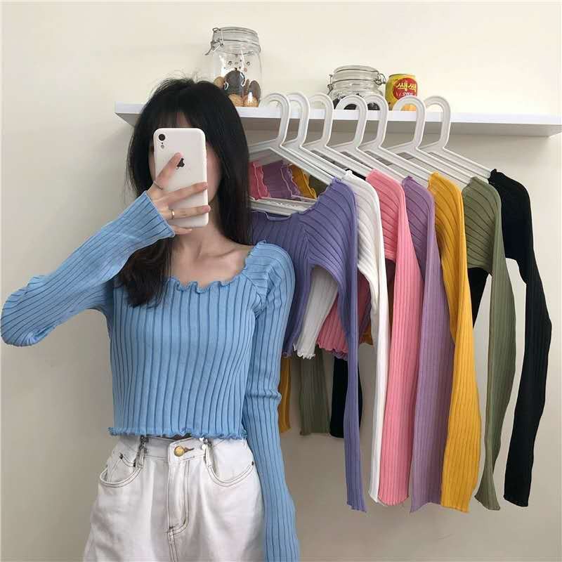 Áo Dệt Kim Tay Dài Hở Vai Quyến Rũ Trẻ Trung Cho Bạn Gái