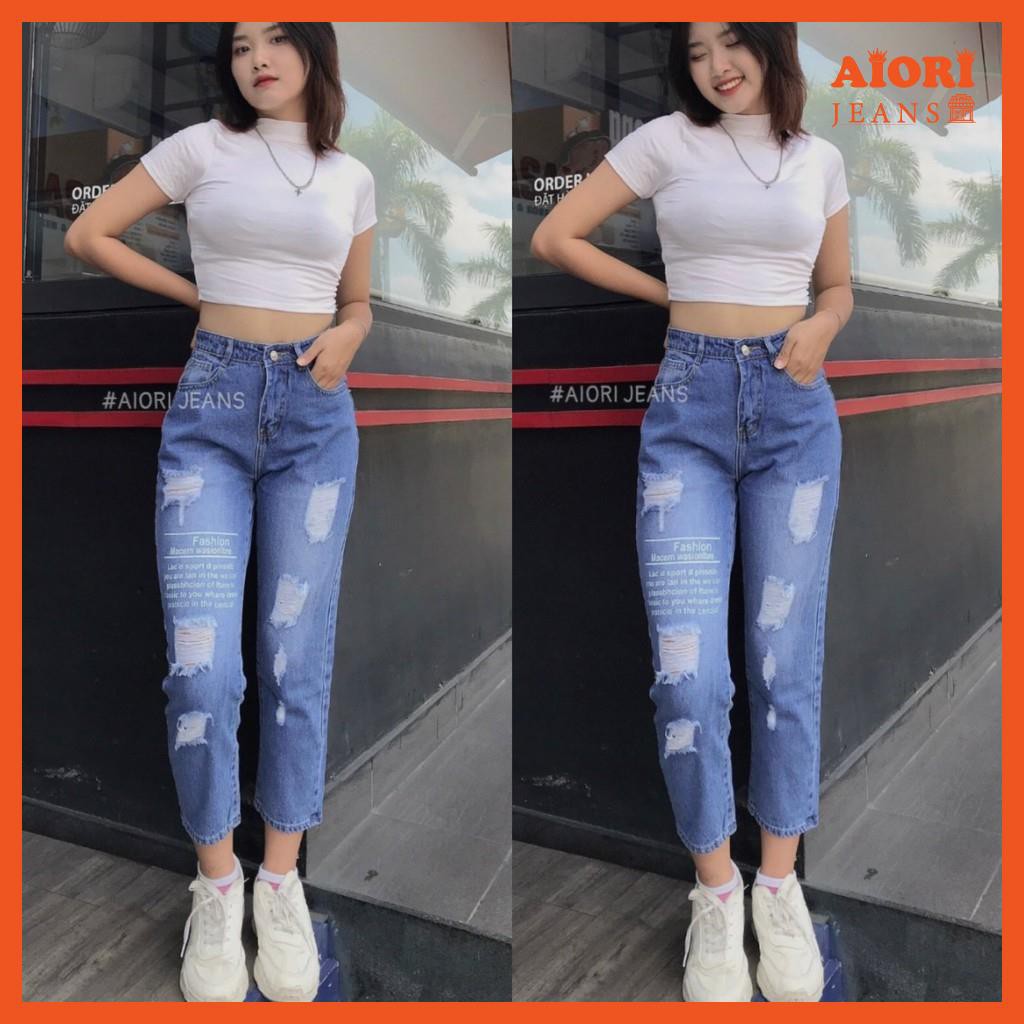 Quần Jean Nữ Aiori Lưng Cao Baggy Bò Trơn In Chữ Cao Cấp Phong Cách Thời Trang_Mã ARI101