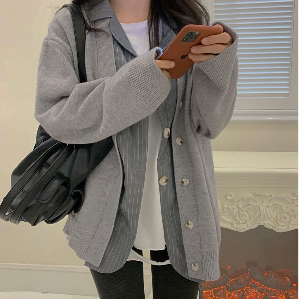 Áo Khoác Cardigan Giả Hai Lớp Thời Trang Thu Đông