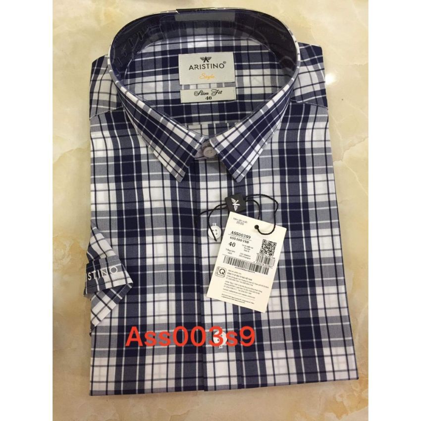 Áo sơ mi ngắn tay Aristino ASS003S9 màu trắng Caro xanh, slimfit, chất bamboo | BigBuy360 - bigbuy360.vn