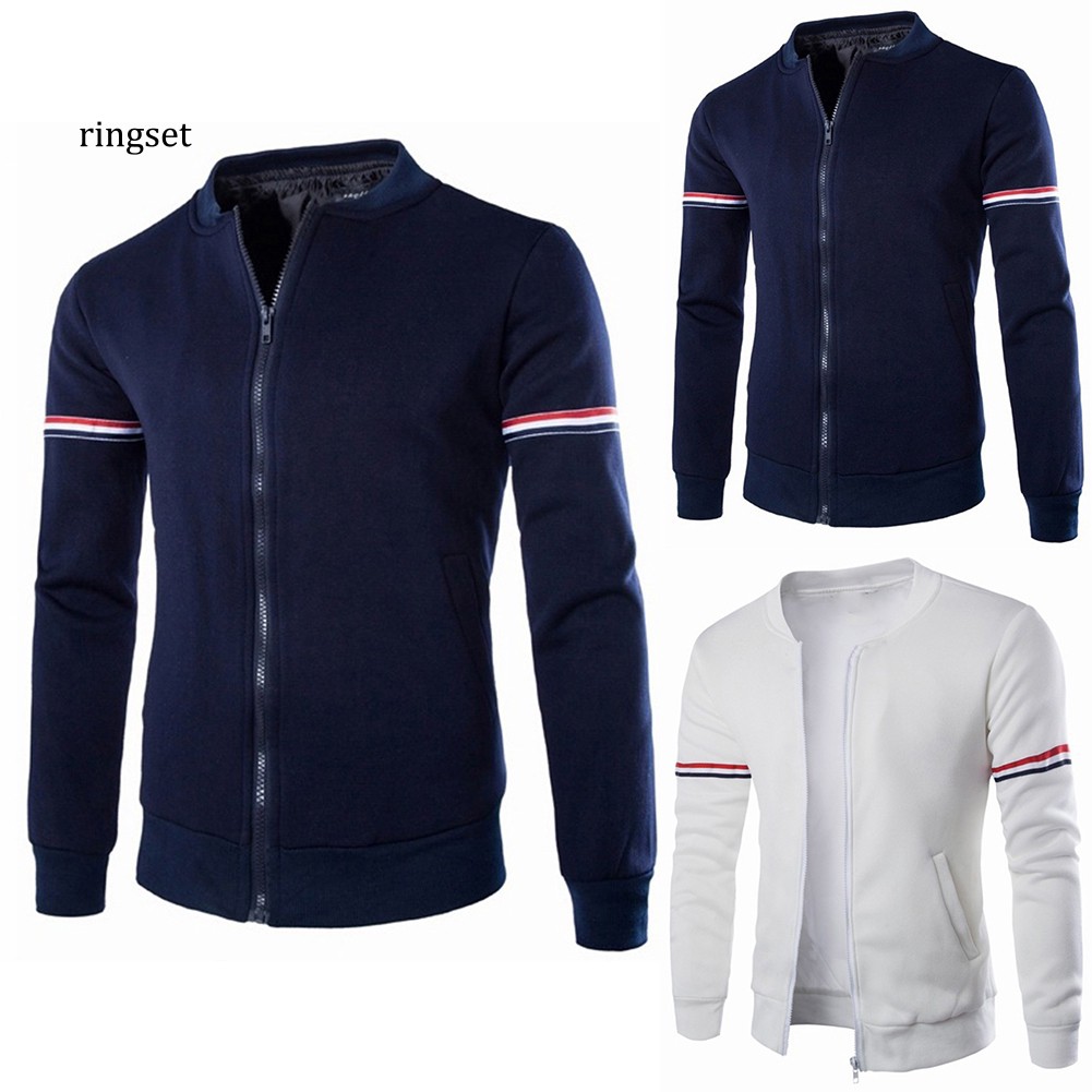 RNSE Men Outdoor Sports Striped Long Sleeve Zipper Bomber Jacket Windbreaker Coat