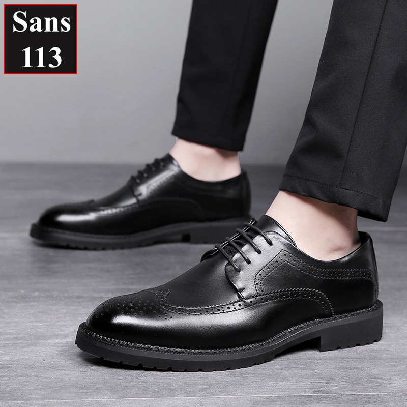 Giày oxford nam cao cấp êm chân Sans113 giầy tây công sở đen mũi tròn âu buộc dây chú rể cưới brogue derby wingtip