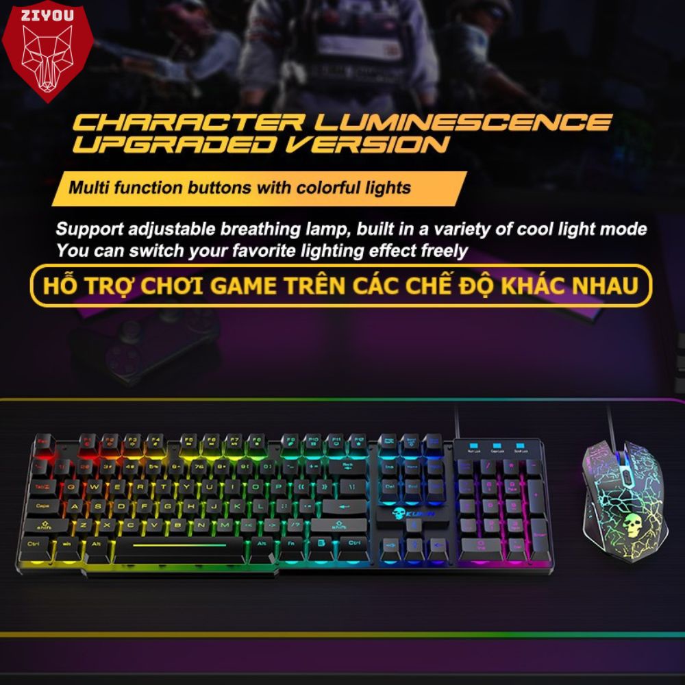 Bộ Bàn Phím Gaming Có Dây Ziyou T6 RGB Led 10 Hiệu Ứng, Bấm Êm Chống Nước Cho Máy Tính, Laptop, PC