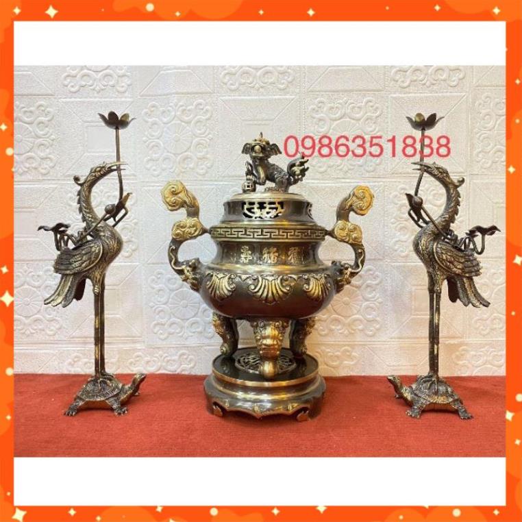Bộ đỉnh đồng 7 món hoa sòi cao 50  đúc liền màu hun cạo cho ban thờ cỡ trung và đại