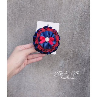 Kẹp tóc nơ tròn xanh navy mix đỏ cho bé gái ( ảnh thật KH handmade )