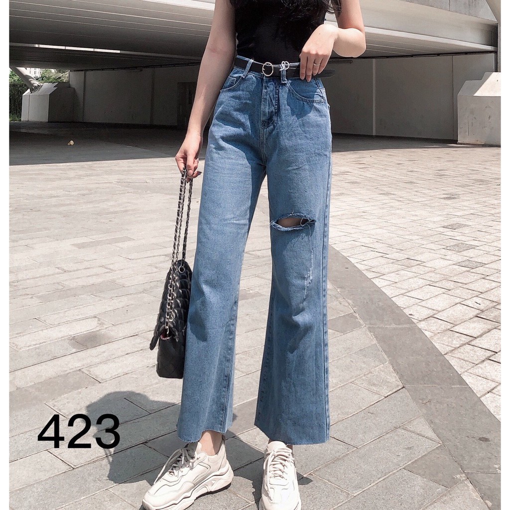 Quần jeans dài ống suông cullotes QJSD 67, quần bò kiểu nữ rách 1 đường cá tính, rin xanh đẹp ống rộng trơn