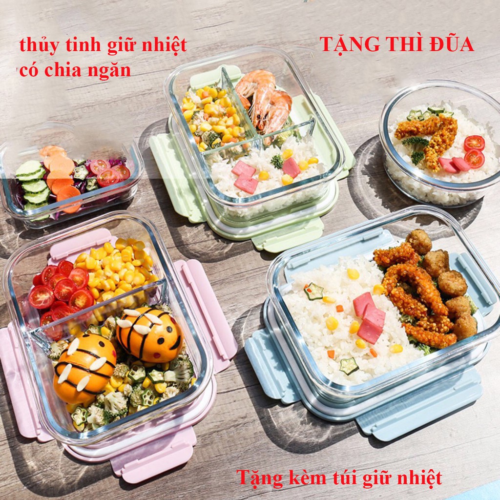 Hộp cơm văn phòng thủy tinh giữ nhiệt có chia ngăn 3 ngăn 2 ngăn + Tặng kèm túi giữ nhiệt và thìa đũa