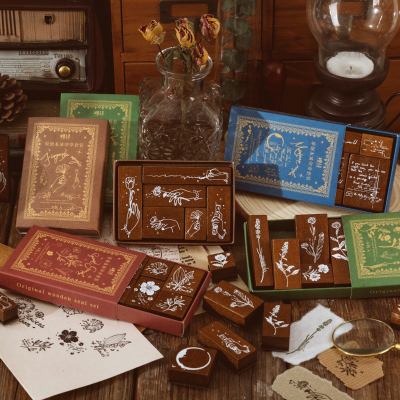 Bộ 6 Con Dấu Gỗ Cao Su In Hình Hoa Lá Kiểu Vintage Trang Trí Nhật Ký