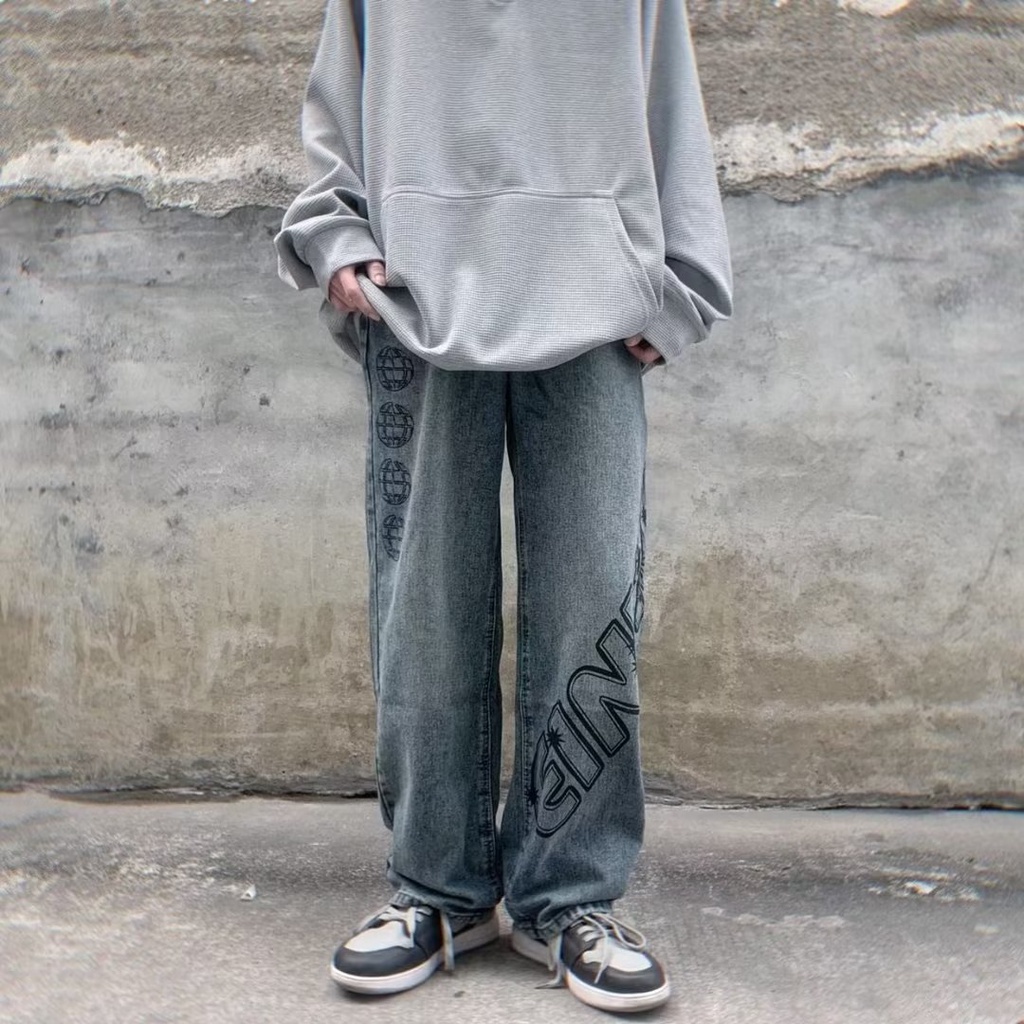 Quần jeans Dài Dáng Rộng In Chữ Phong Cách Thời Trang Nhật Bản Cho Nam Giới Có size Lớn S-3XL