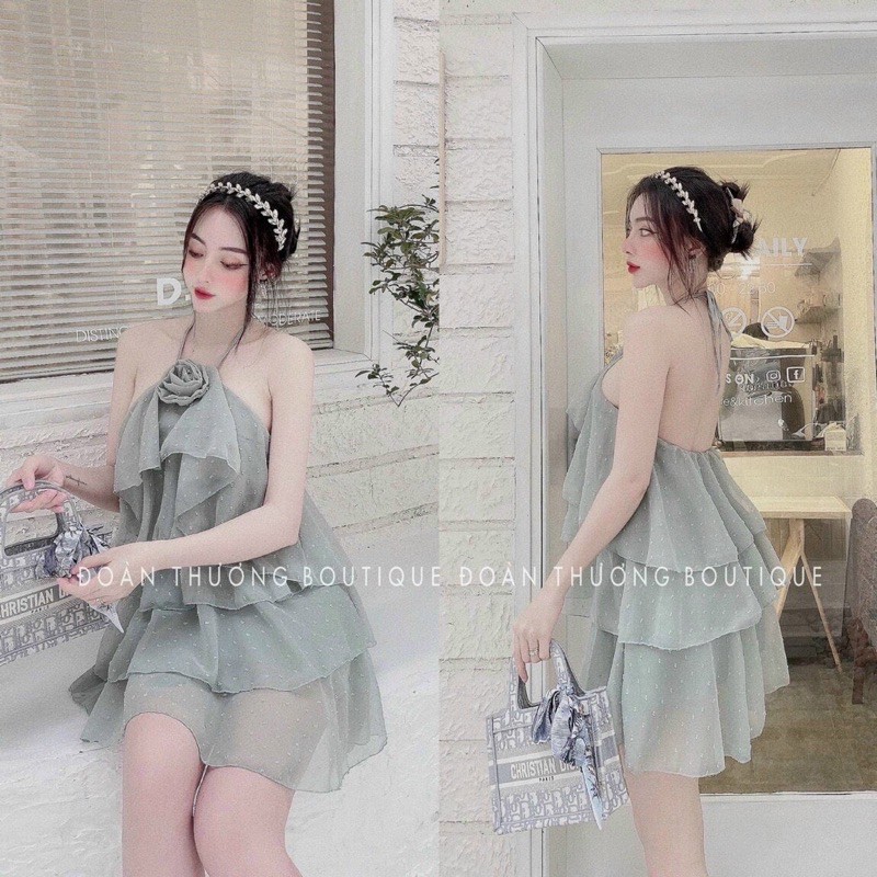 ĐẦM TẦNG MỀM HAI MÀU HỒNG XANH CÓ NƠ CỔ SIÊU XINH