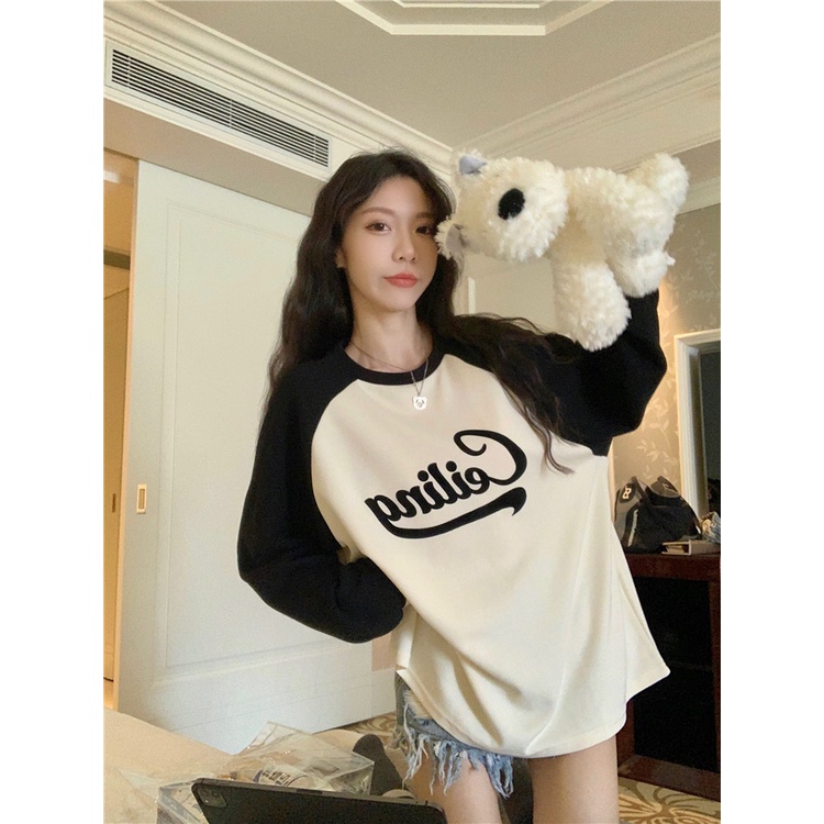 Áo Sweater Cổ Tròn Tay Dài Dáng Rộng In Chữ Kiểu Retro Mỹ Thời Trang Cho Bạn Gái