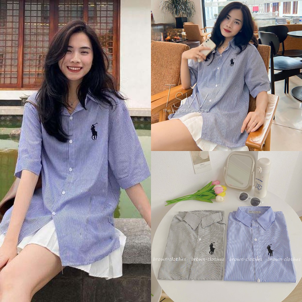 Sơ mi kẻ tay lỡ thêu ngựa ở ngực có túi basic ulzzang - SM13FG BROWN