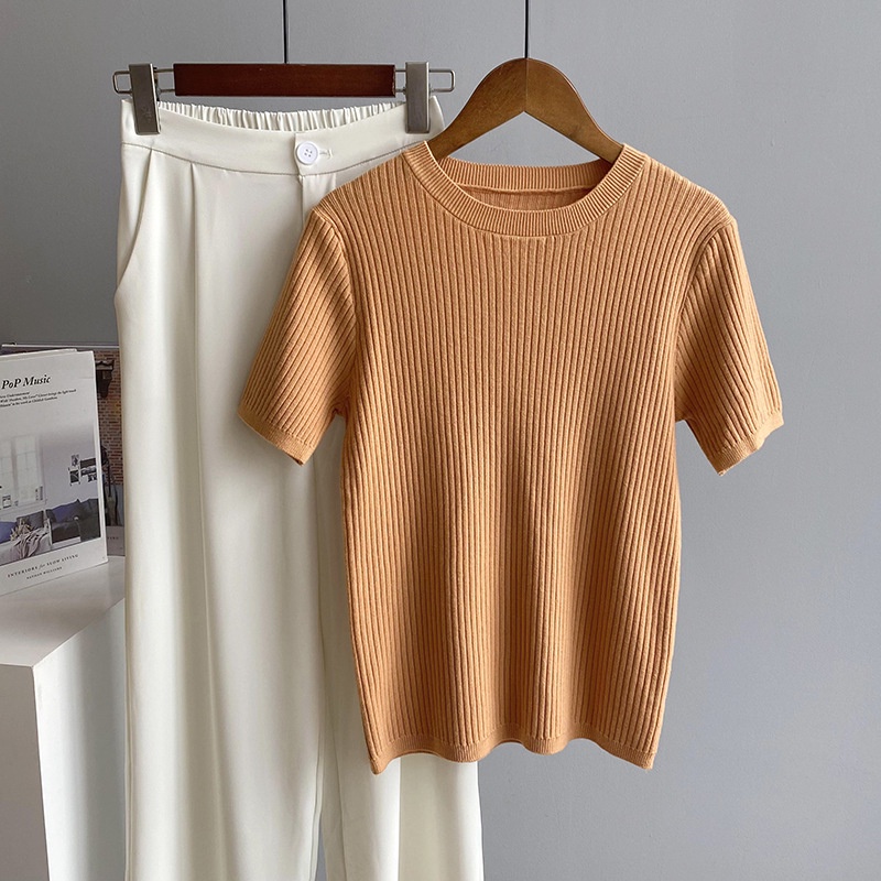 Áo Len Cộc Tay Cổ Tròn Phong Cách Basic Hàng Quảng Châu Dày Dặn