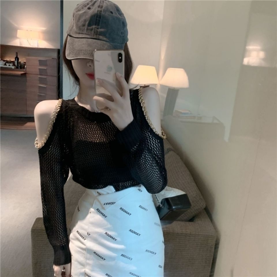 Áo lưới khoét rỗng mỏng dài tay hở vai phong cách thời trang mùa hè thu chống nắng cho nữ