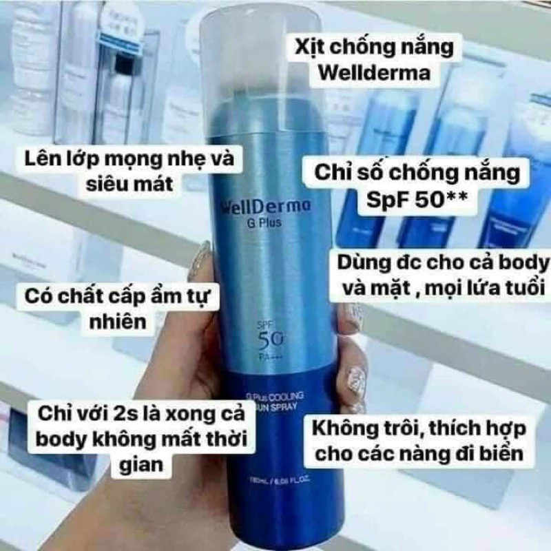 Xịt chống nắng toàn thân WellDerma Spf50 PA+++, làm mát, chống trôi thích hợp đi biển