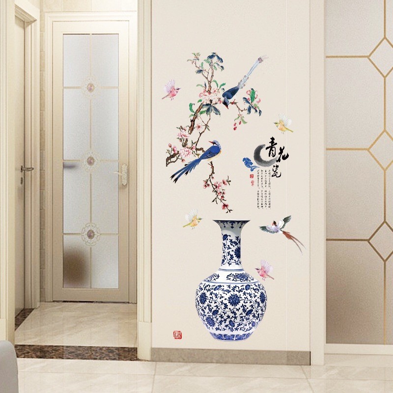 Decal trang trí tường - Bình hoa sứ Cây cảnh Chim Bay