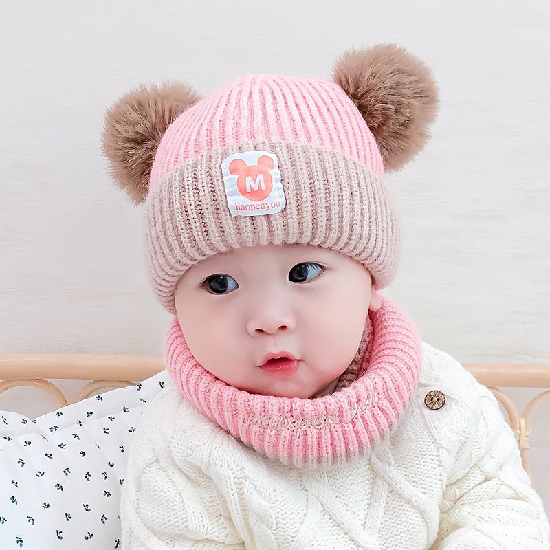 Mũ Len Kèm Khăn Quàng Cổ Nón Len cho bé 0-3 Tuổi Hàng Quảng Châu dày ấm