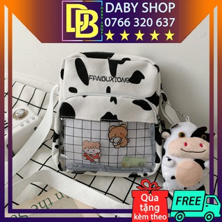 Túi Đeo Chéo Bò Sữa Mini Vải Canvas Cao Cấp Ngăn Kính Trong Suốt Siêu Tiện Dụng Và Dễ Thương Dành Cho Nữ