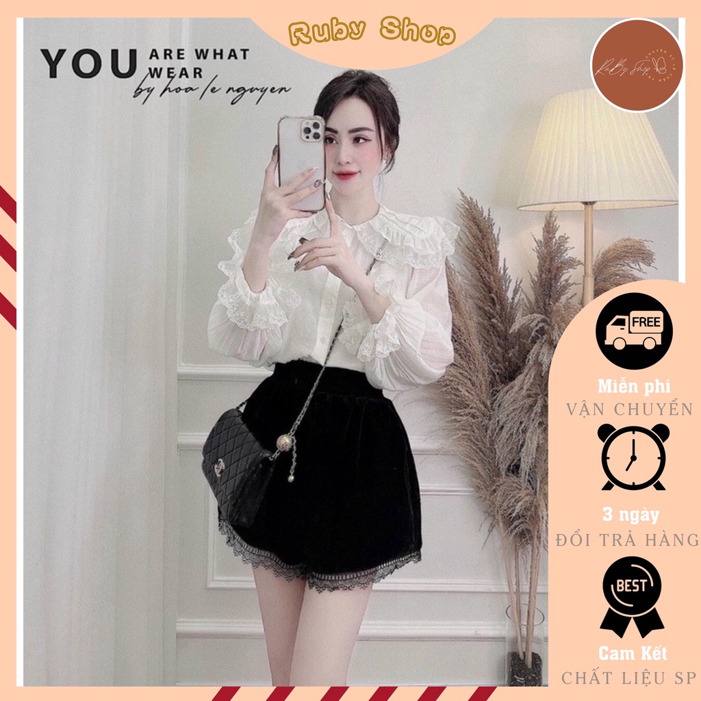 Quần Sooc Nhung Chân Ren ⚡️ HÀNG ĐẸP ⚡️ Form Dáng Phồng Lưng Cao , 2 Túi Bên Hông Siêu Đẹp , Lên Dáng Siêu Xinh