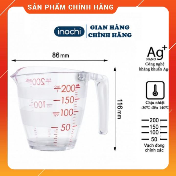 Cốc đong chia vạch INOCHI Yoko 200ml hàng xuất NHẬT chịu lực tốt và chịu nhiệt nhựa SAN nguyên sinh không chứa BP