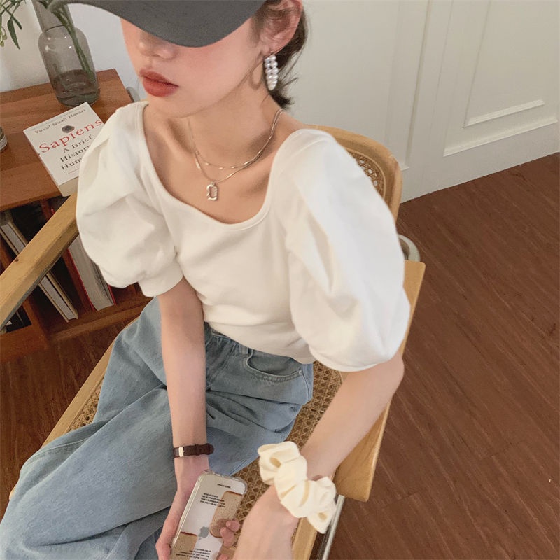 Áo Kiểu Tay Phồng Ngắn Hở Lưng Thắt Nơ Phong Cách Pháp 2022 Quyến Rũ Cho Nữ