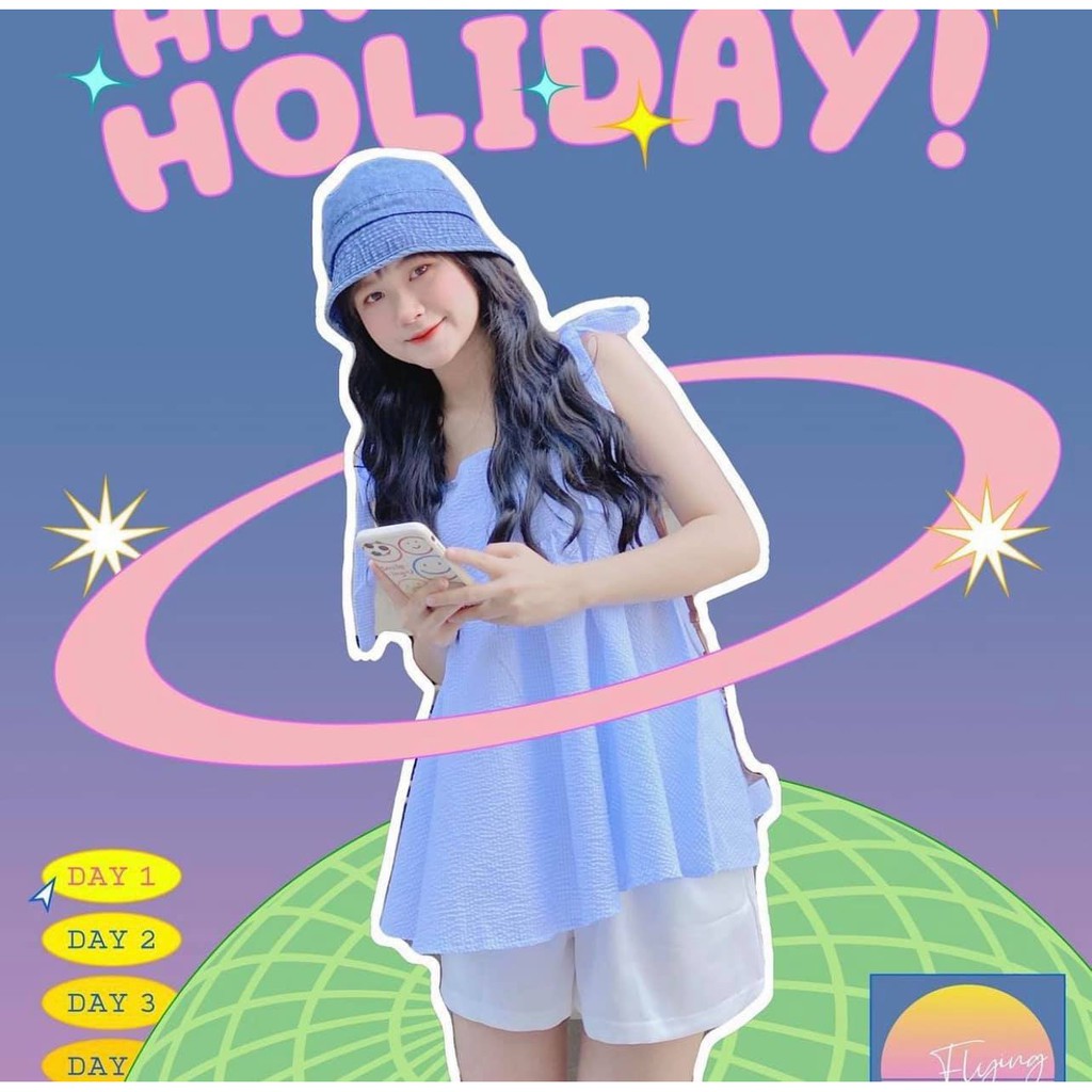 Set áo babydoll 2 dây buộc nơ caro kèm quần đùi kaki ống rộng màu trắng GUU