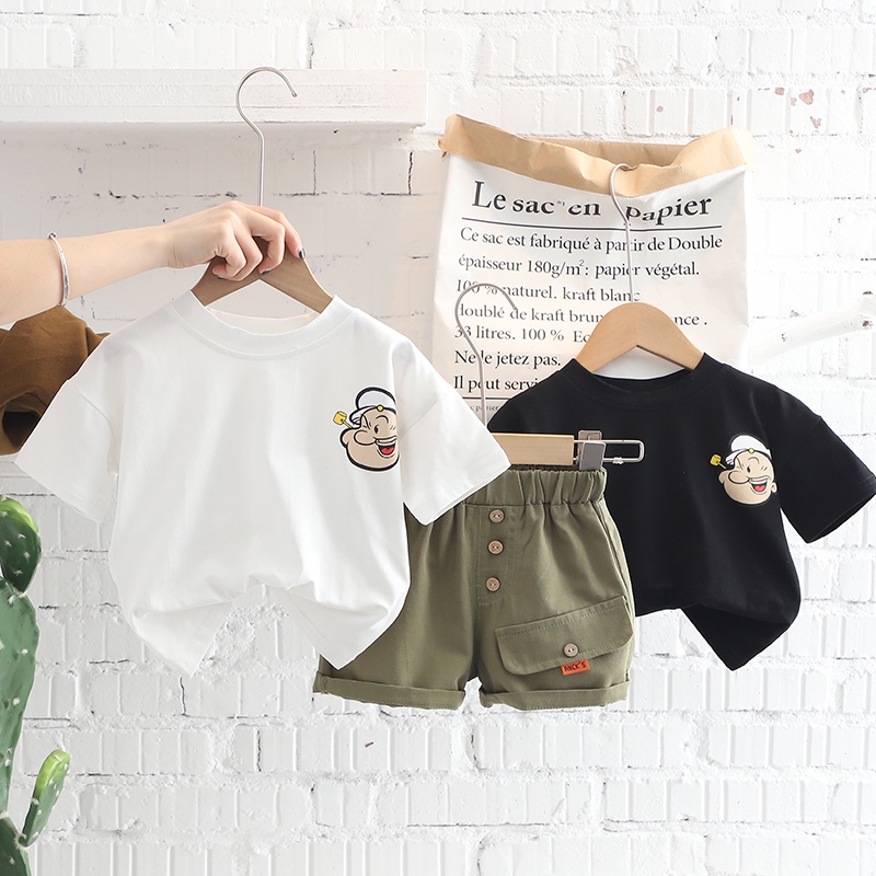 Bộ Áo Thun Tay Ngắn + Quần Short Cotton Trơn Màu In Họa Tiết Thủy Thủ Mặt Trăng Thời Trang Mùa Hè Cho Bé Kích Thước 80-120cm