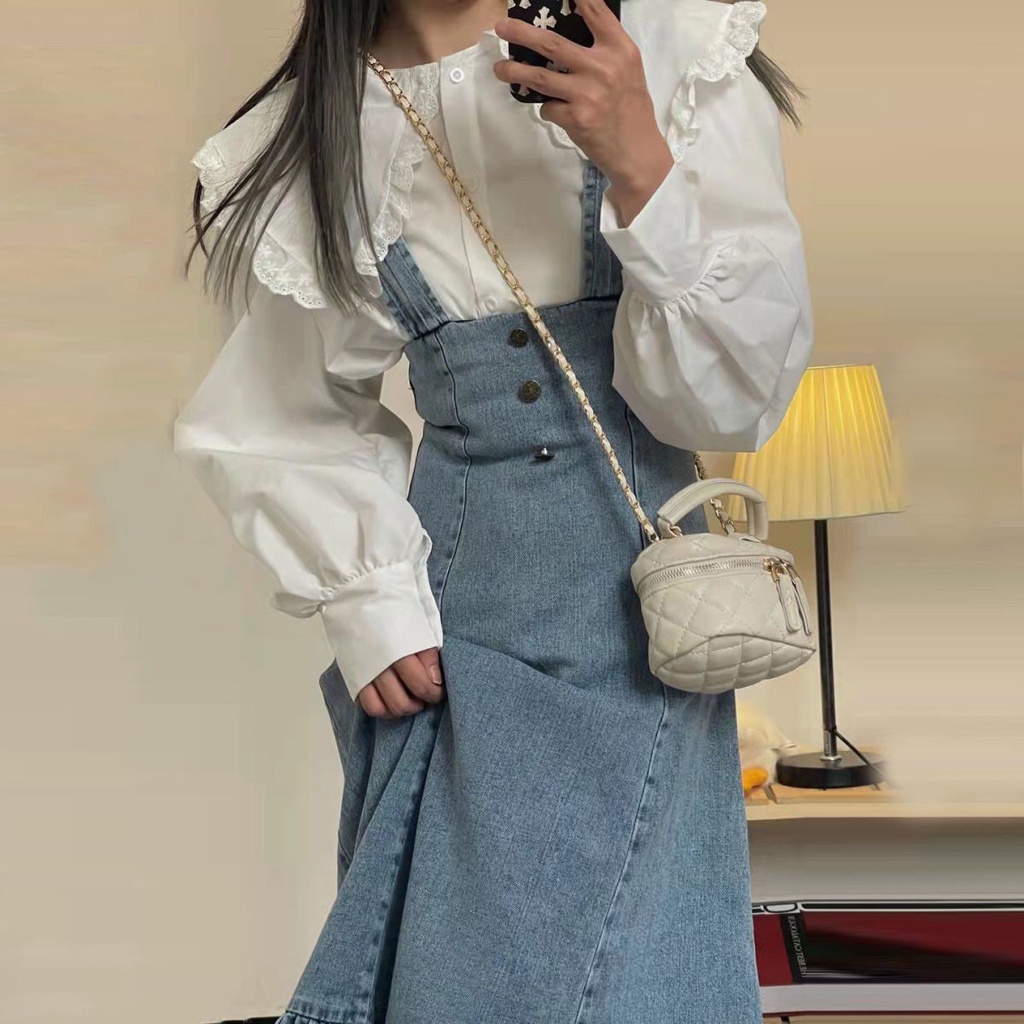Set Áo Thun Ngắn Tay + Chân Váy Yếm denim Đuôi Cá Thời Trang Nữ