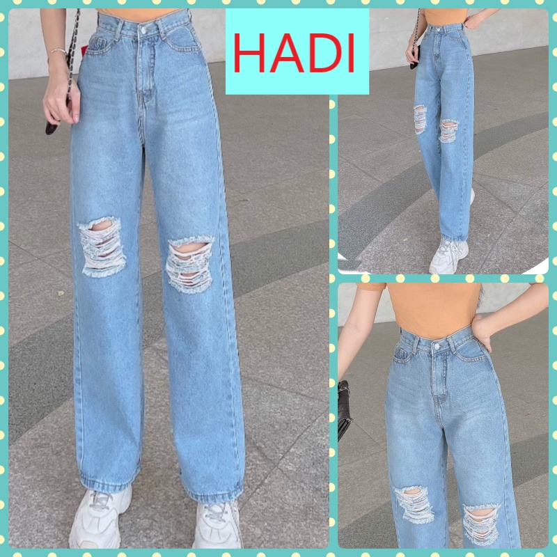 [ VIDEO+FREESHIP ] QUẦN JEANS ỐNG RỘNG NỮ LƯNG CAO RÁCH 2 MẢNG VUÔNG GỐI MÀU XANH NHẠT LAI CUỐN XỊN SÒ CAO CẤP HADI HOT