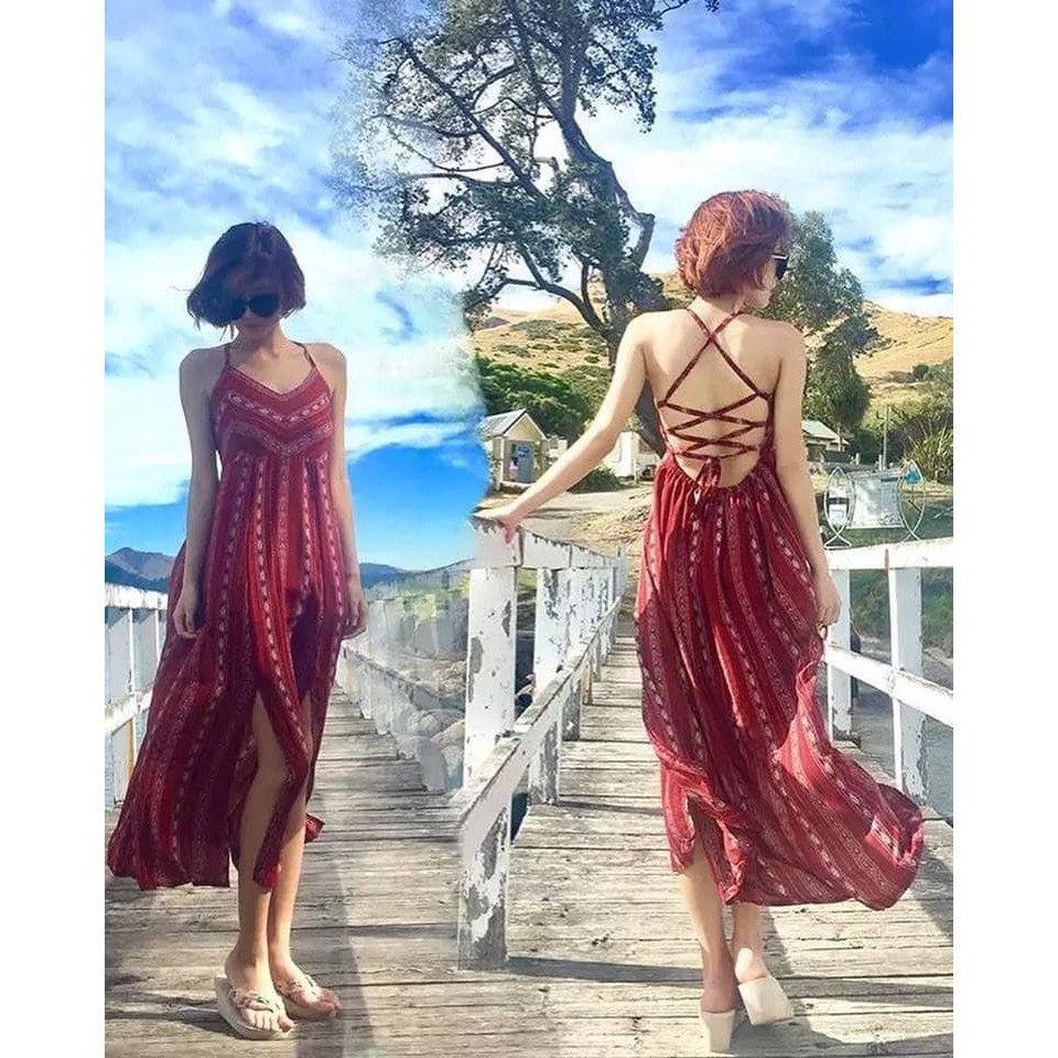 Váy đỏ sọc dọc đan lưng