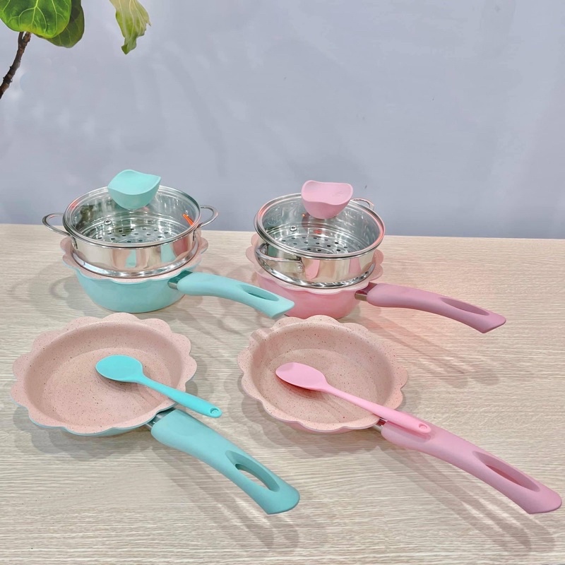 Bộ nồi chảo đá hình hoa cho bé ăn dặm cao cấp chống dính kèm lồng hấp nấu chế biến đồ gia đình dùng được bếp từ