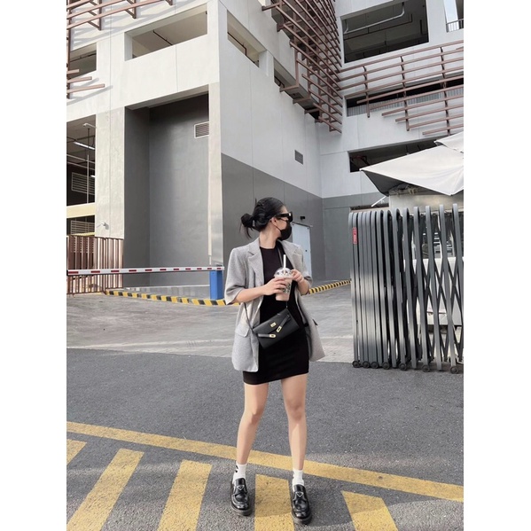 Set áo vest caro + Đầm body 3 lổ