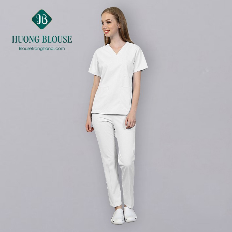 [Combo 2 bộ] Quần áo phòng mổ, bộ scrubs cho bác sĩ - Blouse trắng Hà Nội