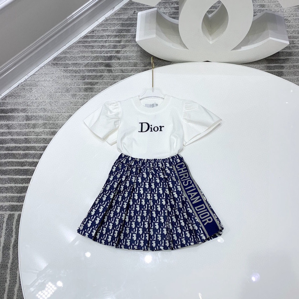 Dior_ Set Áo Thun Ngắn Tay Thêu Chữ + Chân Váy Ngắn Thời Trang Cho Bé Gái