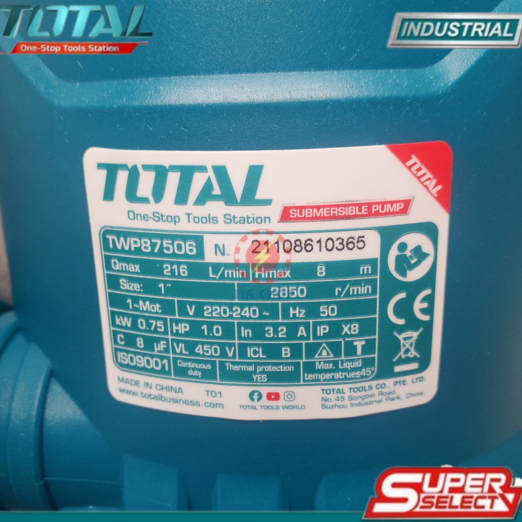 MÁY BƠM CHÌM TOTAL 1HP TWP87506 TWP87501  BƠM CHÌM NƯỚC THẢI TOTAL 750W  BƠM CHÌNH CÓ PHAO