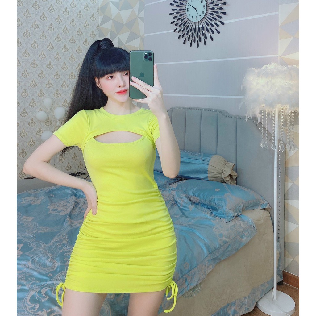 thun thái-đầm rút dây 2 bên hông phối cut out hở ngực SIÊU SEXXY