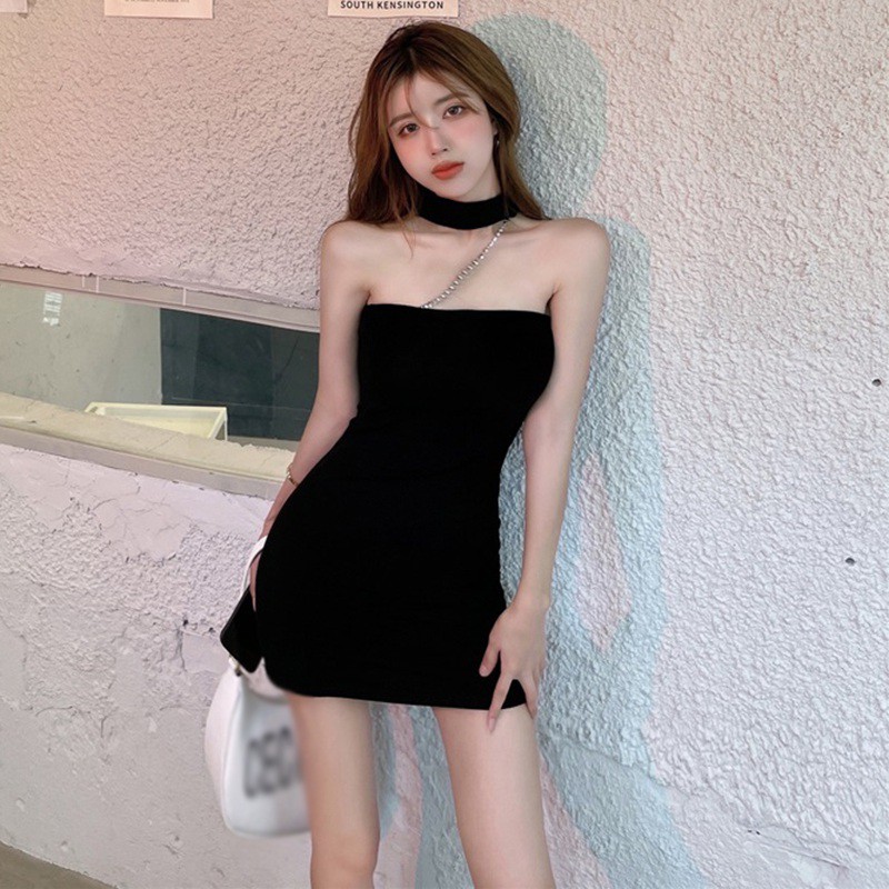 Váy Không Tay Dáng Ôm Màu Trơn Phối Dây Xích Phong Cách Quyến Rũ Thời Trang Cho Nữ