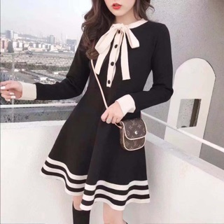 Đầm len xoè cổ nơ hàng qc loại 1