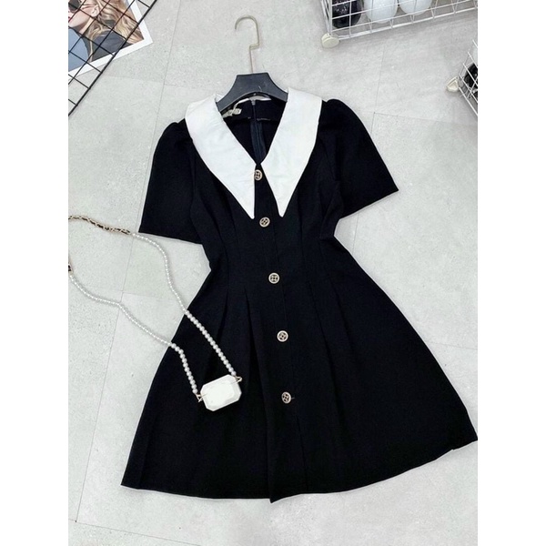 Đầm đen cổ trắng nút trước (kèm hình thật) | BigBuy360 - bigbuy360.vn