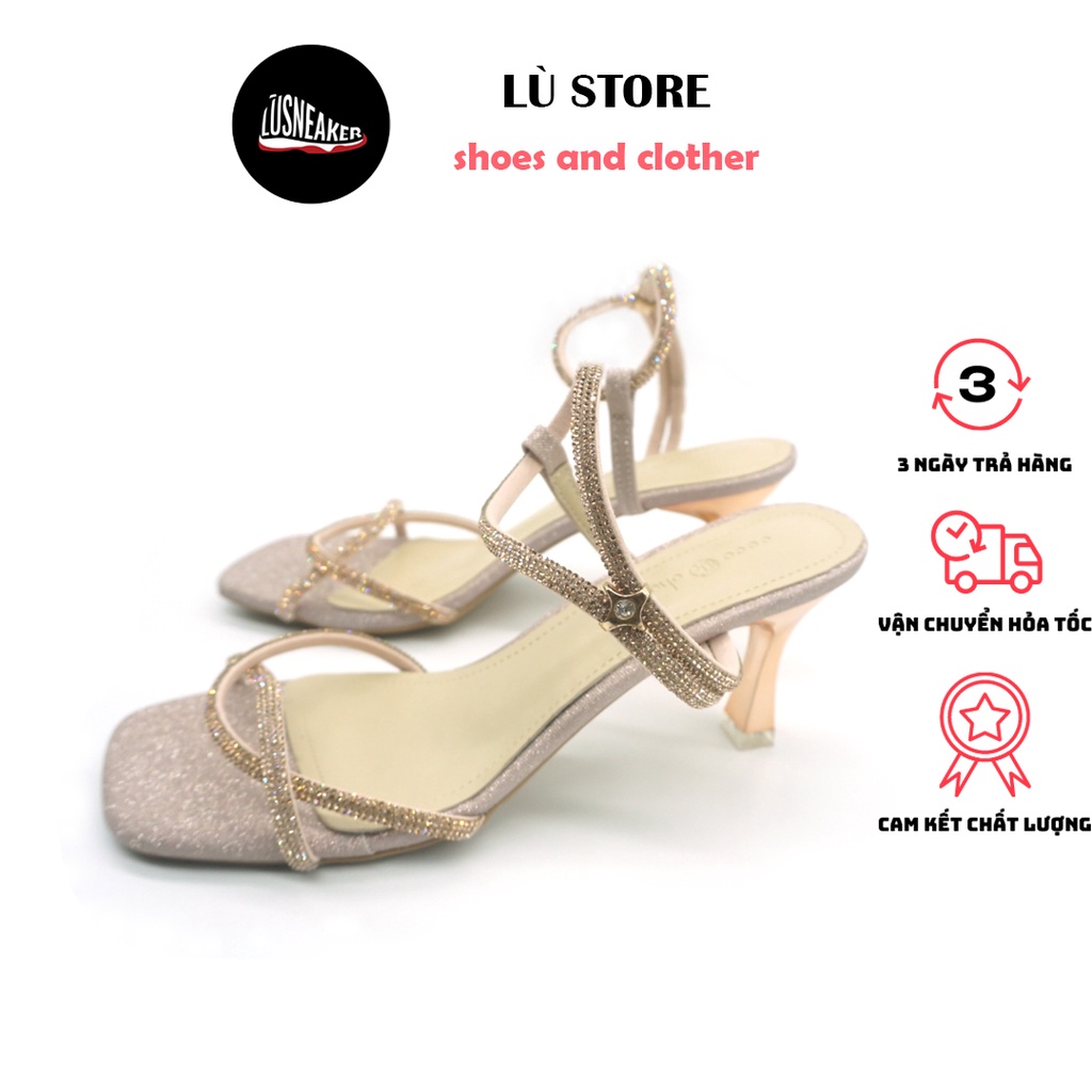 Sandal cao gót [ Lù Store] mũi vuông cao 7cm, hai màu hồng và bạc size từ 35-39