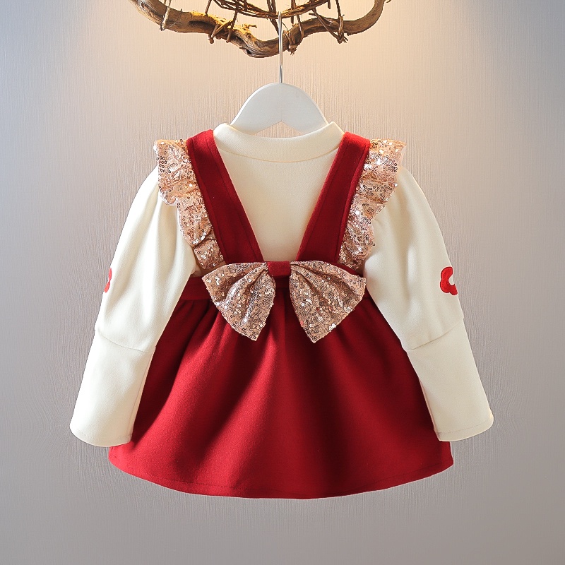Set 2 món đầm tay phồng đính nơ + áo sơ mi cho bé gái